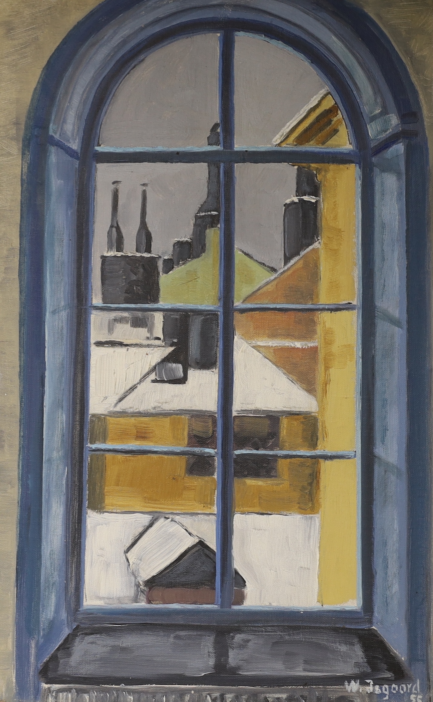 Wadsgoord, oil on board, Winter roof tops view from a window, signed and dated ‘55, 51 x 32cm